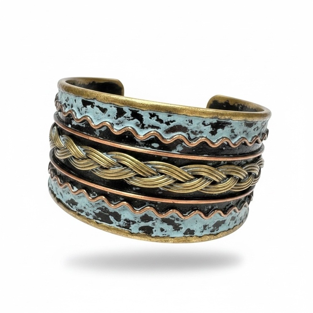 Mixed Metal Boho Cuff Bracelet Braided Copper‎ Brass Turquoise Enamel Wide Band